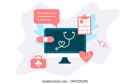 Landing page of medical website. Online medical services, online help, online medical consultation support. Doctor, physician, therapist for medical web icons, UI, mobile application, posters, banners