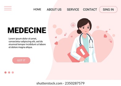 Landing page Medicine and healthcare modern flat design concept. Medical doctor woman with stethoscope.healthcare concept. Vector illustration.Editable stroke