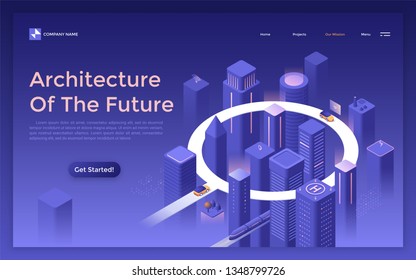 Landing page with megalopolis at night, glowing futuristic buildings and skyscrapers, cars riding on round road. Architecture of the future, modern city planning. Isometric vector illustration.