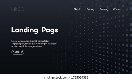 Landing page minimal template. Vector abstract dark background with perspective halftone particles. For home web page design
