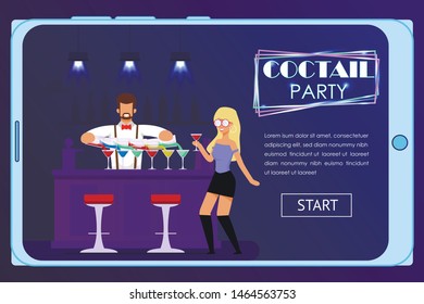 Landing Page Mobile Mockup Inviting to Cocktail Party. Bearded Friendly Smiling Bartender Mixing Drinks for Woman Standing at Bar Counter. Cartoon Night Club Interior. Vector Flat Illustration