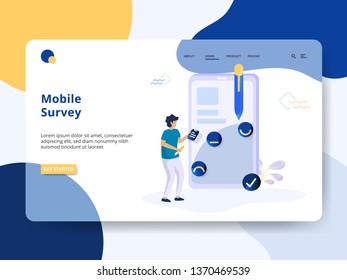 Landing Page Mobile Survey concept, A man is conducting a survey on a smartphone. It can be used for web landing pages, mobile apps, banners, flayer, social media promotions. vector-illustration