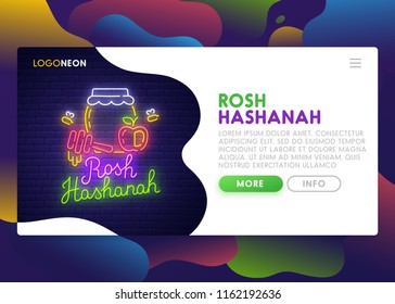 Landing Page. Mock up website. Home Page. Web banner templates. Social media, business app, seo and marketing. Theme Rosh Hashanah. Neon sign style. Vector illustration