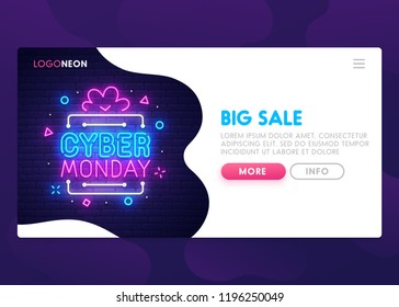 Landing Page. Mock up website. Home Page. Web banner templates. Social media, app. Theme Cyber Monday. Big Sale. Neon sign style. Vector illustration