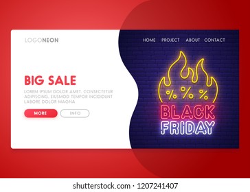 Landing Page. Mock up website. Home Page. Web banner templates. Social media, app. Theme Black Friday. Big Sale. Neon sign style. Vector illustration