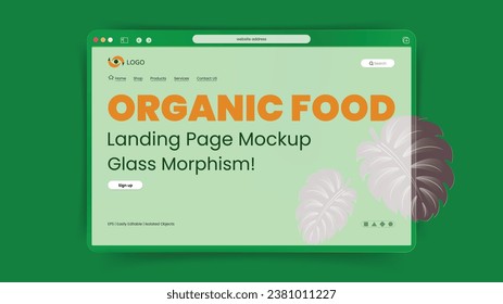 Landing page mockup design for Organic food, natural products, online store, Grocerry shop. Vector illustration, glassmorphism style. 
 Template concepts for website development and presentation.