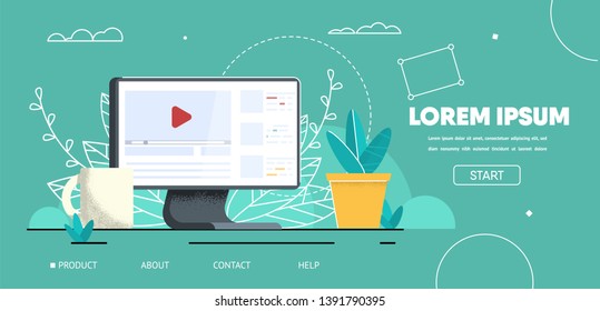 Landing Page Mockup for Working with Video Content. Cartoon Layout Easy to Edit Advertising Text and Customize. Computer Screen on Office Desk with Cup and Flower Pot. Flat Vector Illustration
