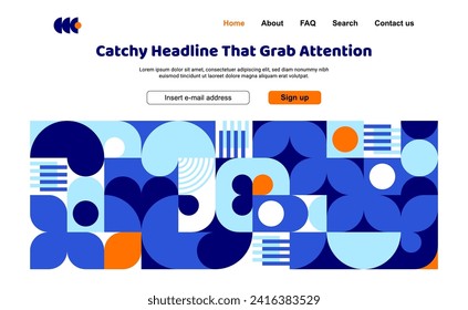 Landing page with modern abstract geometric bauhaus pattern. Vector web banner template in bright blue, white and orange hues. Dynamic geometry meets minimalism for stunning user-friendly experience