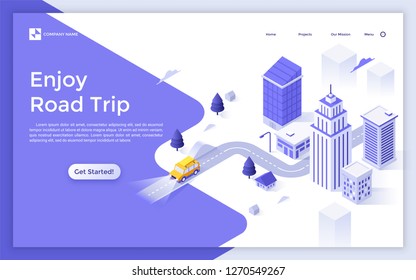 Landing page with modern city buildings, car riding along highway and place for text. Enjoy road trip or journey. Isometric vector illustration for automobile travel service website, advertisement.