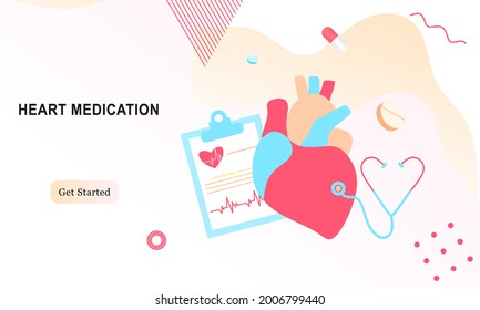 Landing page of modern heart medication, heart disease research concept. Studying heart model, drugs and heartbeat diagram. Vector illustration cardiovascular system, cholesterol, medical examination.