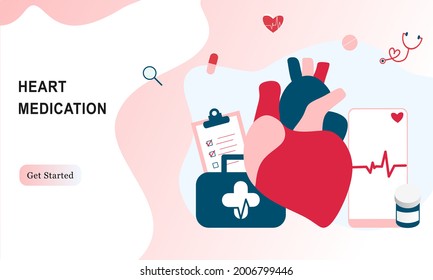 Landing Page Of Modern Heart Medication, Heart Disease Research Concept. Studying Heart Model, Drugs And Heartbeat Diagram. Vector Illustration Cardiovascular System, Cholesterol, Medical Examination.