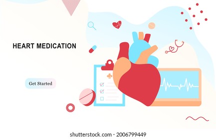 Landing page of modern heart medication, heart disease research concept. Studying heart model, drugs and heartbeat diagram. Vector illustration cardiovascular system, cholesterol, medical examination.