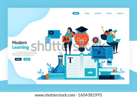 Landing page of modern learning. Educational process to acquiring idea, modifying knowledge, behaviors, skills, values, literacy, preferences with technology. designed for website, mobile apps, poster
