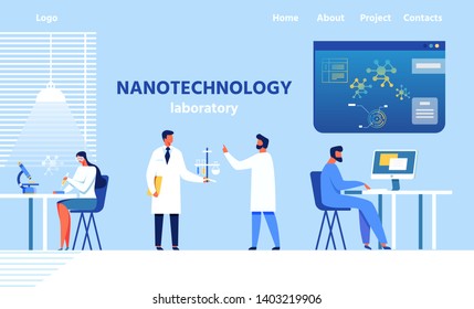 Landing Page For Modern Nanotechnology Laboratory. Researchers, Doctors And Scientists Team Working At Equipped Lab. People Discussing Results Of Experiment, Testing, Typing Flat Vector Illustration