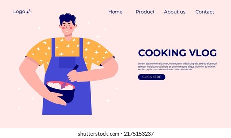 Landing page with modern people cooking vlog. Set of characters enjoying their hobbies, leisure. Vector illustration in flat cartoon style