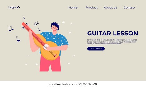 Landing page with modern people guitar lesson. Set of characters enjoying their hobbies, leisure. Vector illustration in flat cartoon style.