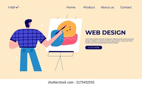 Página de inicio con la gente moderna diseñadora web. Conjunto de personajes que disfrutan de sus pasatiempos, ocio. Ilustración vectorial al estilo de las caricaturas planas.