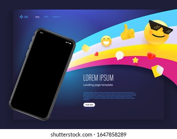 landing page with modern smartphone and web emoji 
