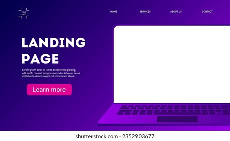 Landing page in modern style with laptop. Device with empty space for your image, video or text. 