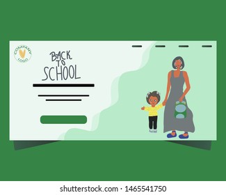 Landing page with mother and daughter walking to school. Back to school concept. Vector