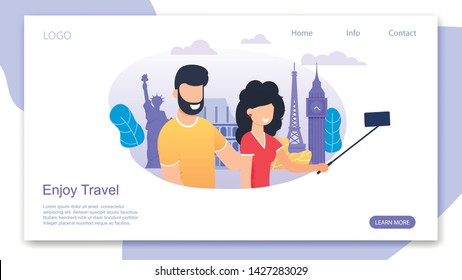Landing Page Motivating to Enjoy Travel. Summertime Vacation. Happy Cartoon Couple Taking Selfie with European Landmarks. Vector Flat Illustration. Advertising Banner for Online Travel Agency
