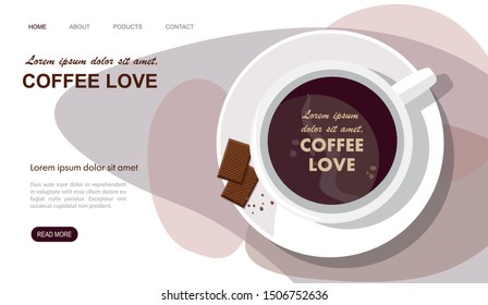 Landing page. Mug with coffee and chocolate. Top view. Vector Illustration