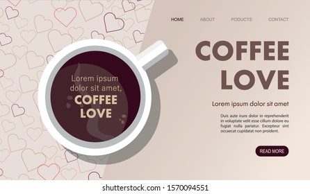 Landing page. Mug with coffee. Top view. Vector Illustration