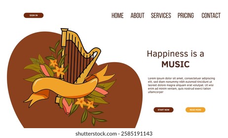 Landing page for music festival with harp. For poster, card, banner, discount, special offer, cover, advertising. Vector illustration EPS10 
