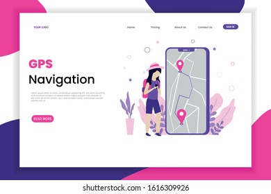 Landing page navigation system gps with female characters traveling. Navigation landing page illustration template