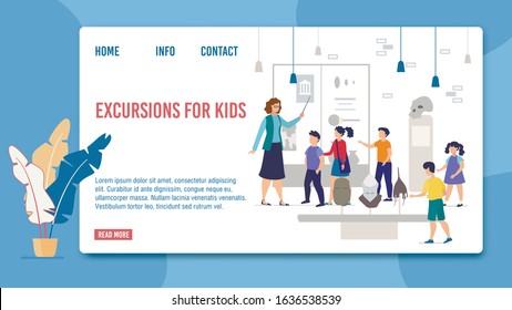 Landing Page Offer Kids Excursions to History Museum. Schoolkids Listen Guide, Watching Medieval Knight Steel Armor and Helmets Exposition. Educational Tour for Children. Vector Illustration