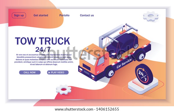 Landing Page with Offer of Tow Truck Assistance.\
Online Round-the-Clock Evacuation Service, Roadside Assistance.\
Isometric Vector 3d Illustration with Evacuator Transports Car to\
Repair Station