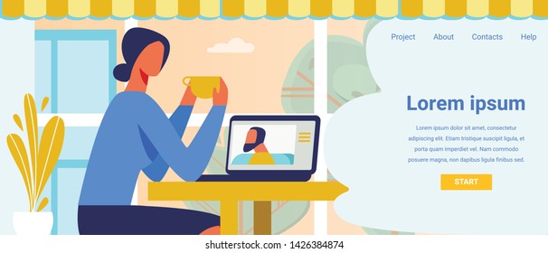 Landing Page Offering Application for Video Call. Cartoon Woman Drinking Tea or Coffee and Talking with Husband via Laptop. Flat Cafe Interior. Online Webchat Advertisement. Vector Illustration