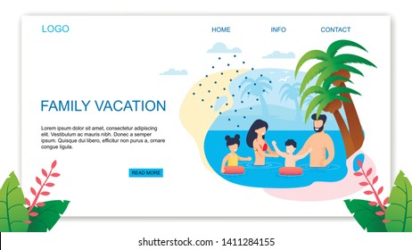 Landing Page Offering Best Family Vacation in Tropical Country. Happy Cartoon Father, Mother, Son and Daughter Having Fun in Swimming Pool, Sea, or Ocean. Travel and Recreation. Vector Illustration