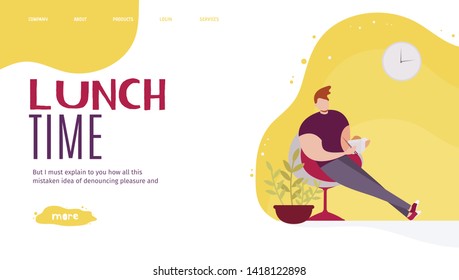Landing page Offering Best Lunch at Workplace. Food Delivery Service Advertising. Office Life and Business Workflow. Break Time. Cartoon Male Worker Resting and Eating. Vector Flat Illustration