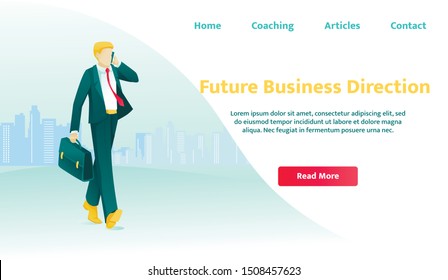 Landing Page Offering Coaching Courses. Help in Choosing Future Business Direction, Strategy, Plan Advertisement. Cartoon Successful Businessman Character Talking Phone. Vector Flat Illustration