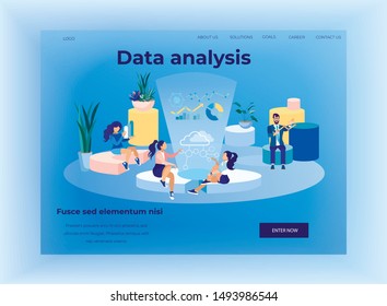 Landing Page Offering Data Analysis Application. Cartoon Coworking Metaphor Workspace. People Characters, Man and Woman Freelancers Working with Virtual Statistic Charts. Vector Flat Illustration