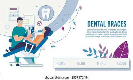 Landing Page Offering Dental Clinic Healthcare Service. Cartoon Dentist Serve Female Client Setting Braces. Dentistry Tooth Care. Stomatological Office. Informational Webpage. Vector Flat Illustration