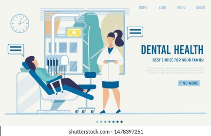 Landing Page Offering Dental Health Family Service. Cartoon Patient Visiting Doctor. Woman and Female Dentist Having Chat. Specialist Giving Medical Consultation. Vector Flat Illustration