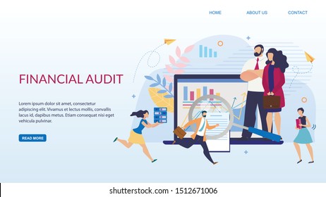 Landing Page Offering Financial Audit Online Service. Marketing Group Analyzing Financial Reports, Doing Finance And Investment Expertise, Searching Business Solution. Vector Flat Illustration