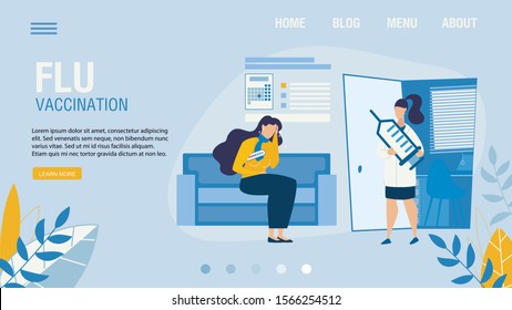 Landing Page Offering Flu Shot Vaccination Service. Cartoon Sick Woman Patient Having Cold and Doctor Character in Uniform Holding Huge Syringe. Telemedicine and Healthcare. Vector Illustration