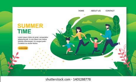 Landing Page Offering Happy Summer Time with Family. Cartoon Parents and Diverse Children Jogging Together in Green Park. Active and Healthy Recreation. Vector Motivational Flat Illustration