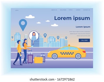 Landing Page Offering Online Taxi Call Mobile App. Cartoon Young Man and Woman Couple Using Personal Virtual Assistant or Calling Dispatcher to Order Car. Customer Support. Vector Flat Illustration