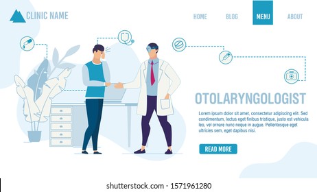 Landing Page Offering Otolaryngologist Help Order. Adult Man Patient Suffering from Ear Pain Visiting ENT Doctor. Cartoon People Characters and Medical Services. Vector Flat Illustration