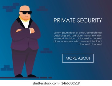 Landing Page Offering Private Security Service. Cartoon Male Guard in Formal Black Suit, Sunglasses and Gold Chain. Protective Agent for Safety Precautions. Online Guardian Order. Vector Illustration