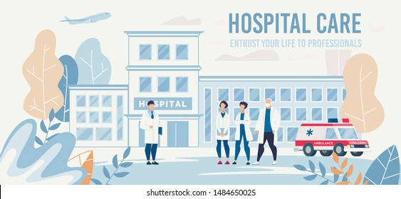 Landing Page Offering Professional Medical Help. Clinic Staff and Chief Physician Cartoon People Characters. Flat Hospital Building and Ambulance Car in Yard. Vector Illustration. Floral Eco Design