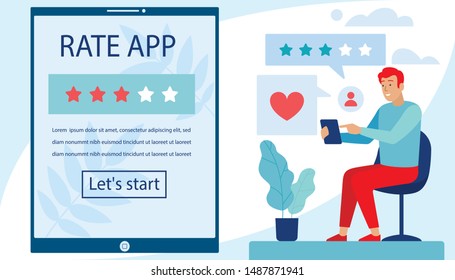 Landing Page Offering Rate Application for Modern Users. Huge Mobile Digital Screen with Promotion Material. Man Give Rating Stars Click Like Button. Testimonials and Feedback Vector Flat Illustration