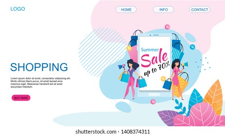 Landing Page Offering Shopping with 80 Percent Price Cut. Women with Shopping Paper Bags Shouting in Megaphone about Great Summer Sales. Vector Cartoon Flat Illustration in Floral Style