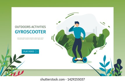 Landing Page Offering Video for Riding Gyroscooter. Cartoon Man Character Riding Electric Scooter in Park. Outdoor Activities. Sport and Healthy Lifestyle. Vector Urban Eco Transport Illustration