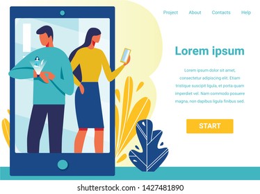 Landing Page Offers Device for Wireless Connection. Cartoon Woman Using Smartphone for Doing Network or Video Chatting. Flat Man Having Smart Watch. People on Huge Mobile Screen. Vector Illustration