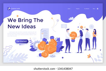 Landing page with office workers or colleagues collecting giant light bulbs. Concept of bringing new business ideas, group brainstorming, teamwork. Flat vector illustration for web banner, website.